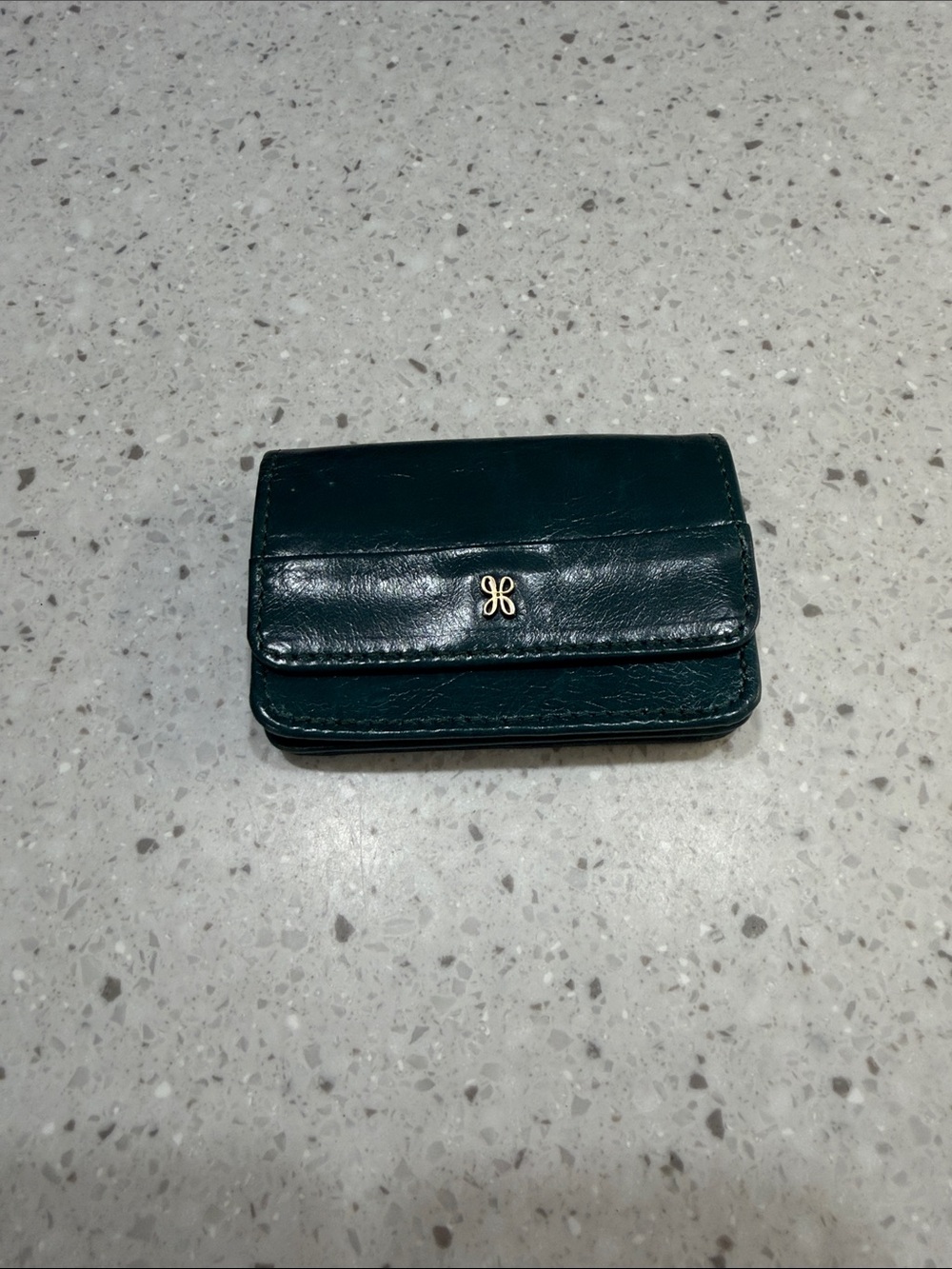 HOBO Jill Card Holder Dark Teal Leather with Gold Logo